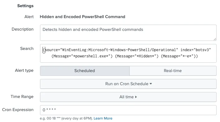 The resulting “Hidden and Encoded Powershell Command” Splunk saved search